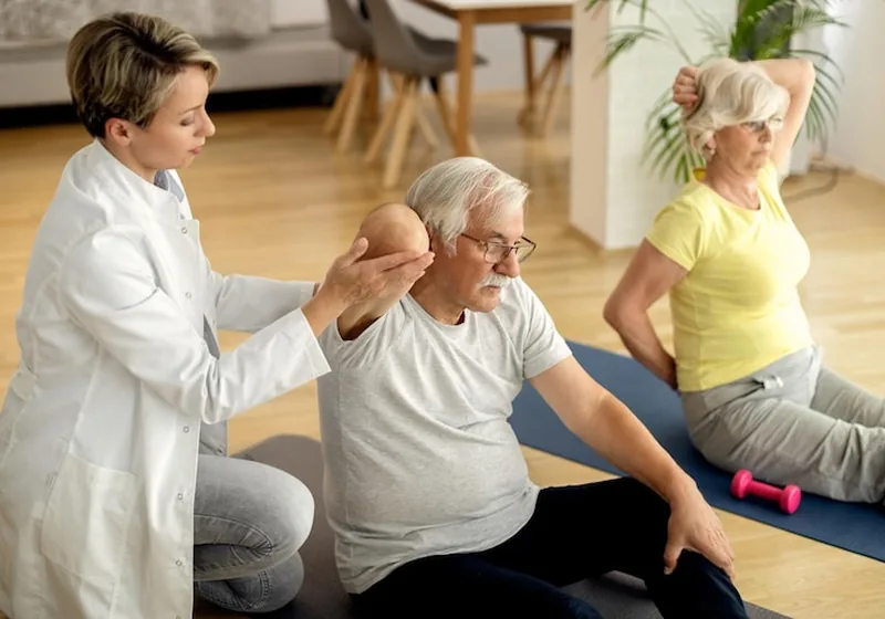 Therapist supporting a patient through neurological gait retraining